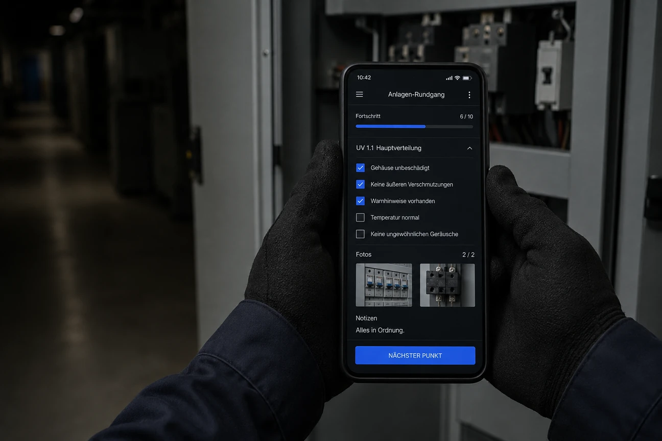 Techniker mit Arbeitshandschuhen bedient eine Android-App vor einem Schaltschrank
