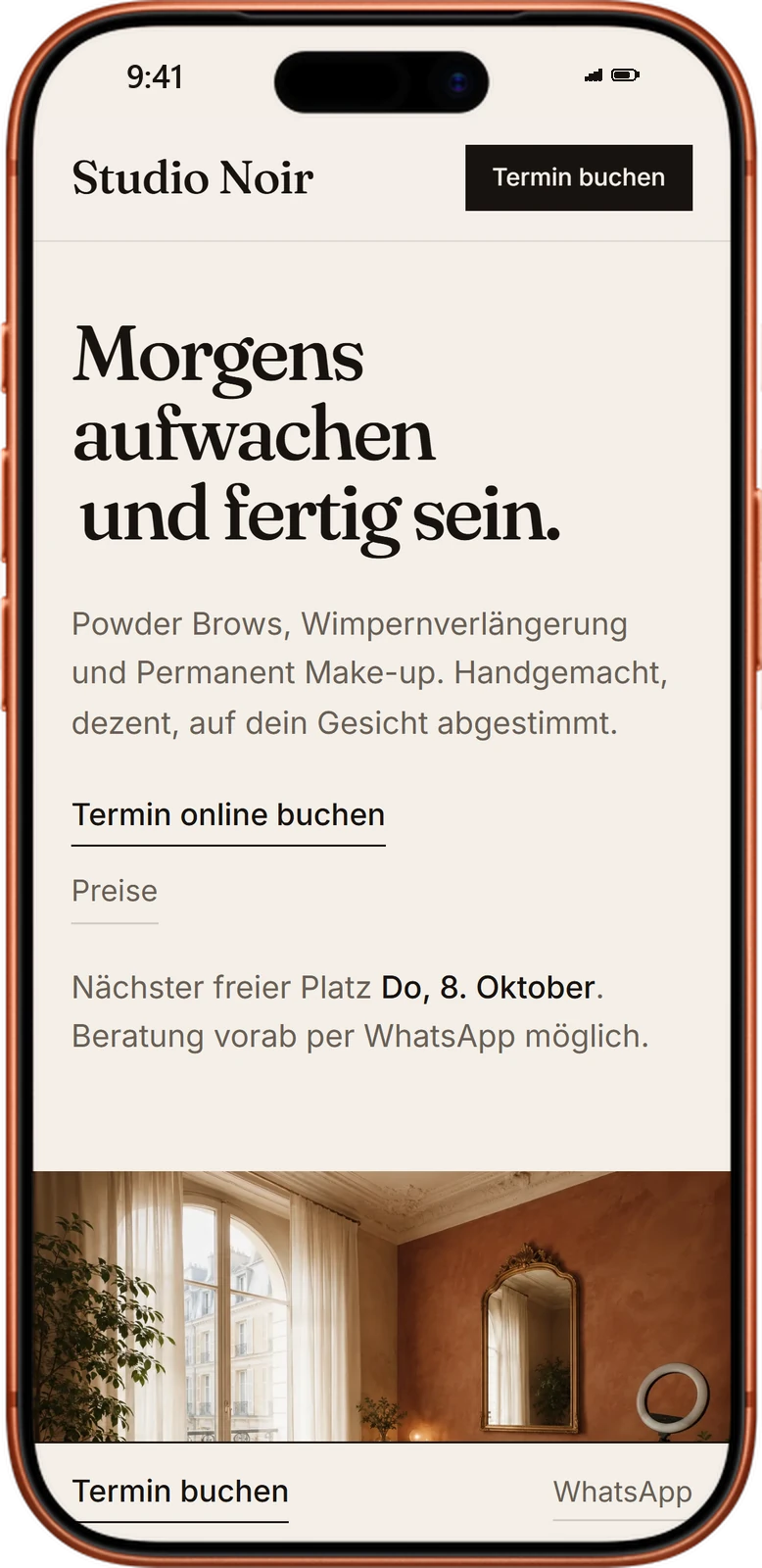 Studio Noir auf einem iPhone: Terminweg am unteren Rand sichtbar