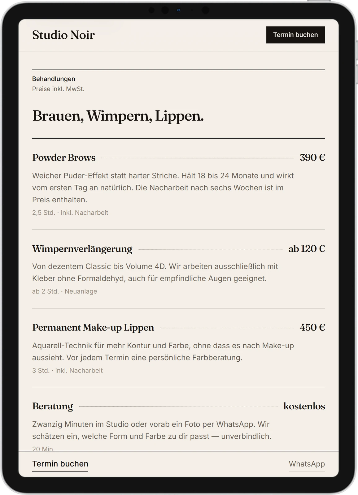 Studio Noir auf einem iPad: Behandlungen mit Preisen