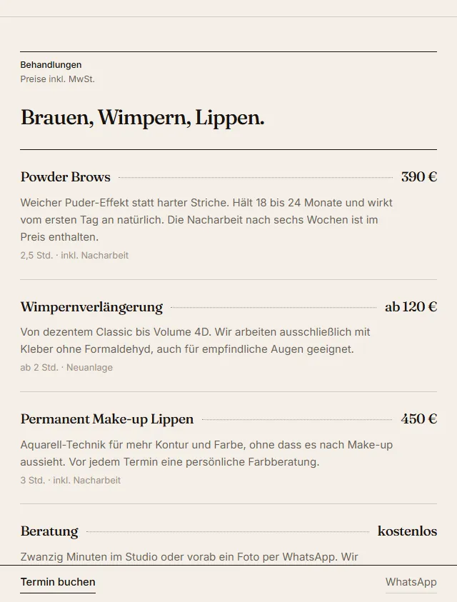 Studio Noir auf einem Tablet: Leistungen mit Preisen